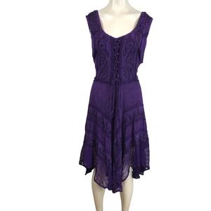 Sakkas Purple Beaded Embroidered Lace Up Handkerchief Hem Boho Dress 1X 2X
